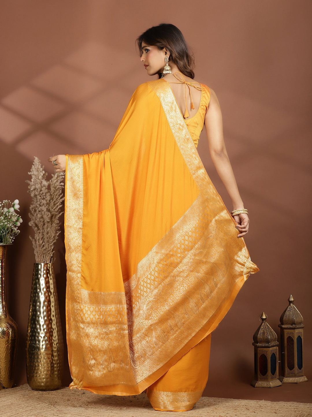 Mustard Zari Work Chiffon Saree