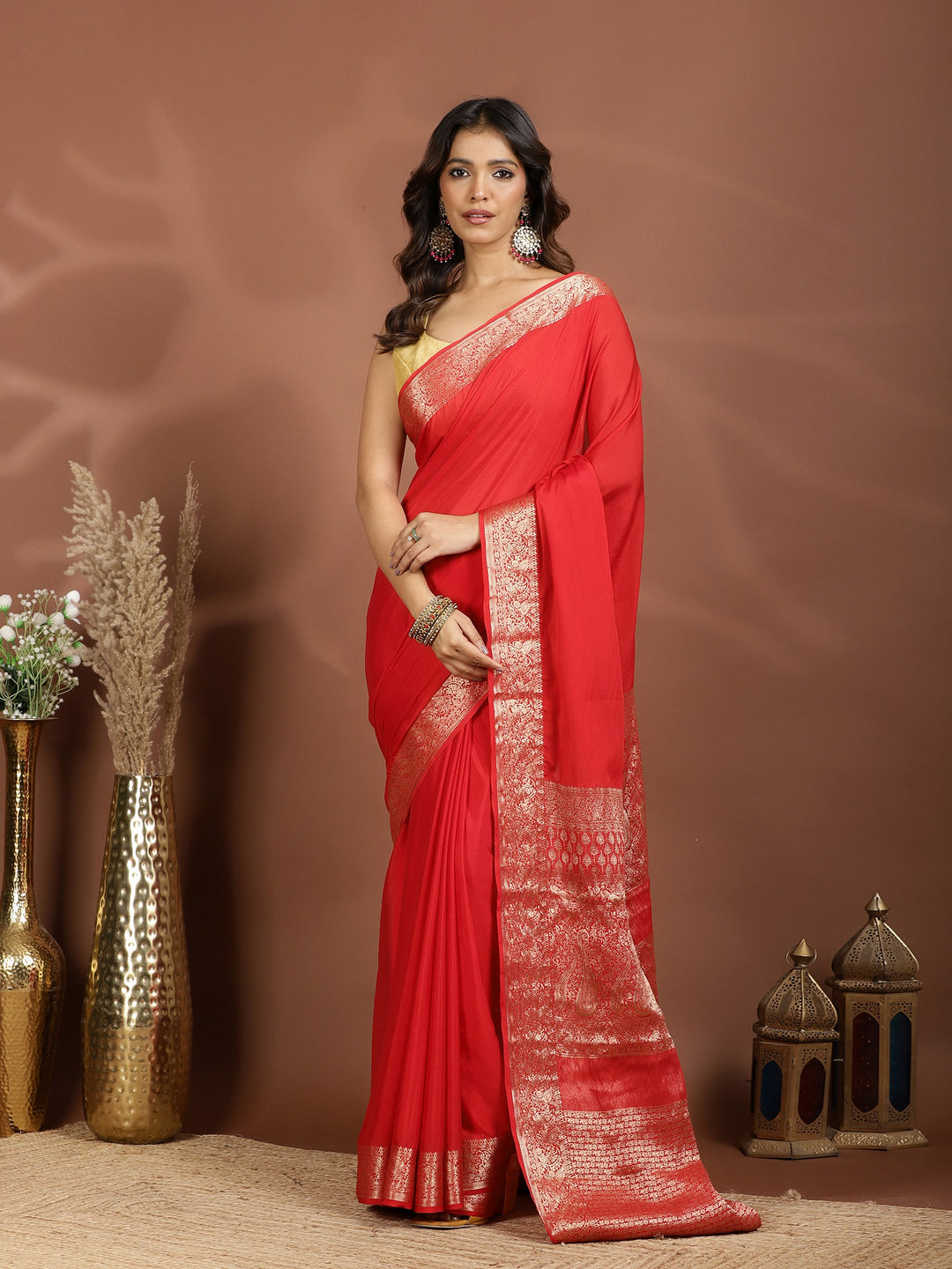 Red Zari Work Chiffon Saree