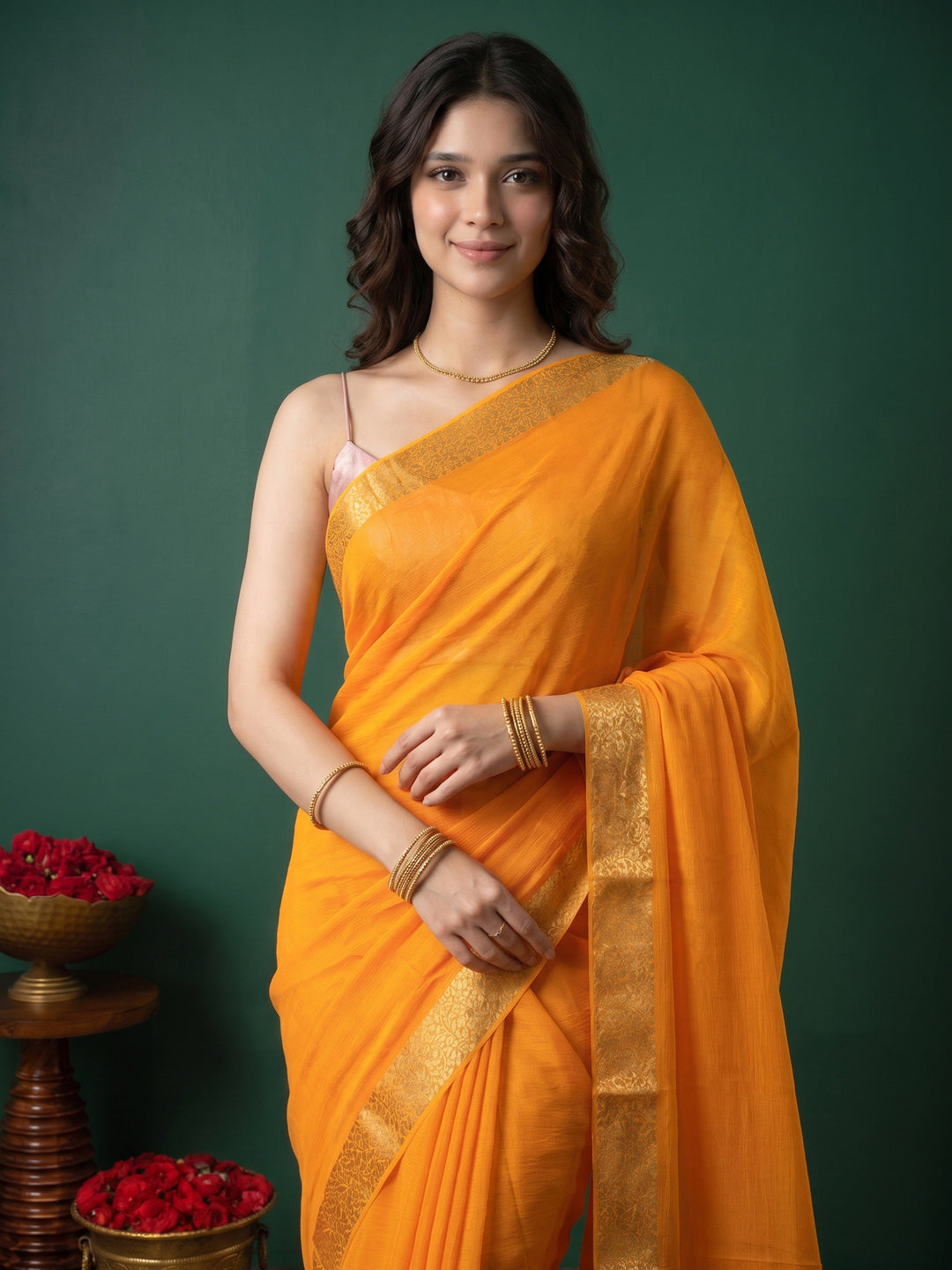 Mustard Zari Work Chiffon Saree