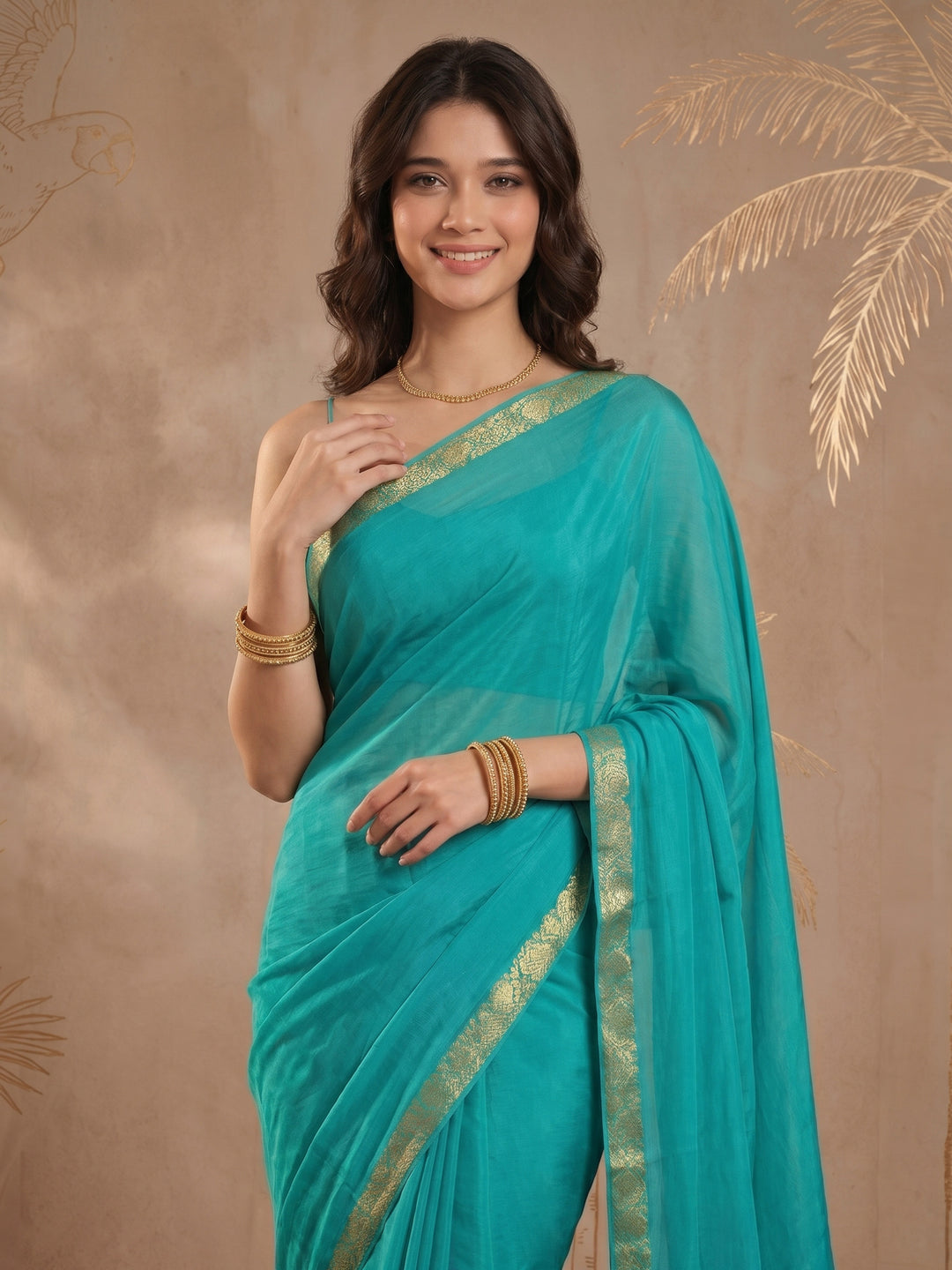 Firozee Zari Work Chiffon Saree