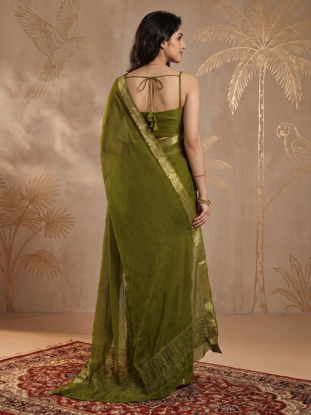 Mehndi Zari Work Chiffon Saree
