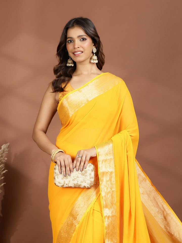 Mustard Zari Work Chiffon Saree
