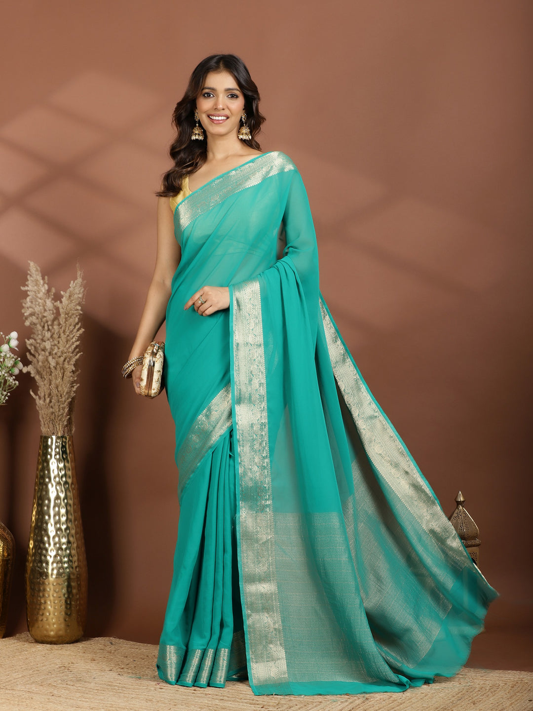 Rama Green Zari Work Chiffon Saree
