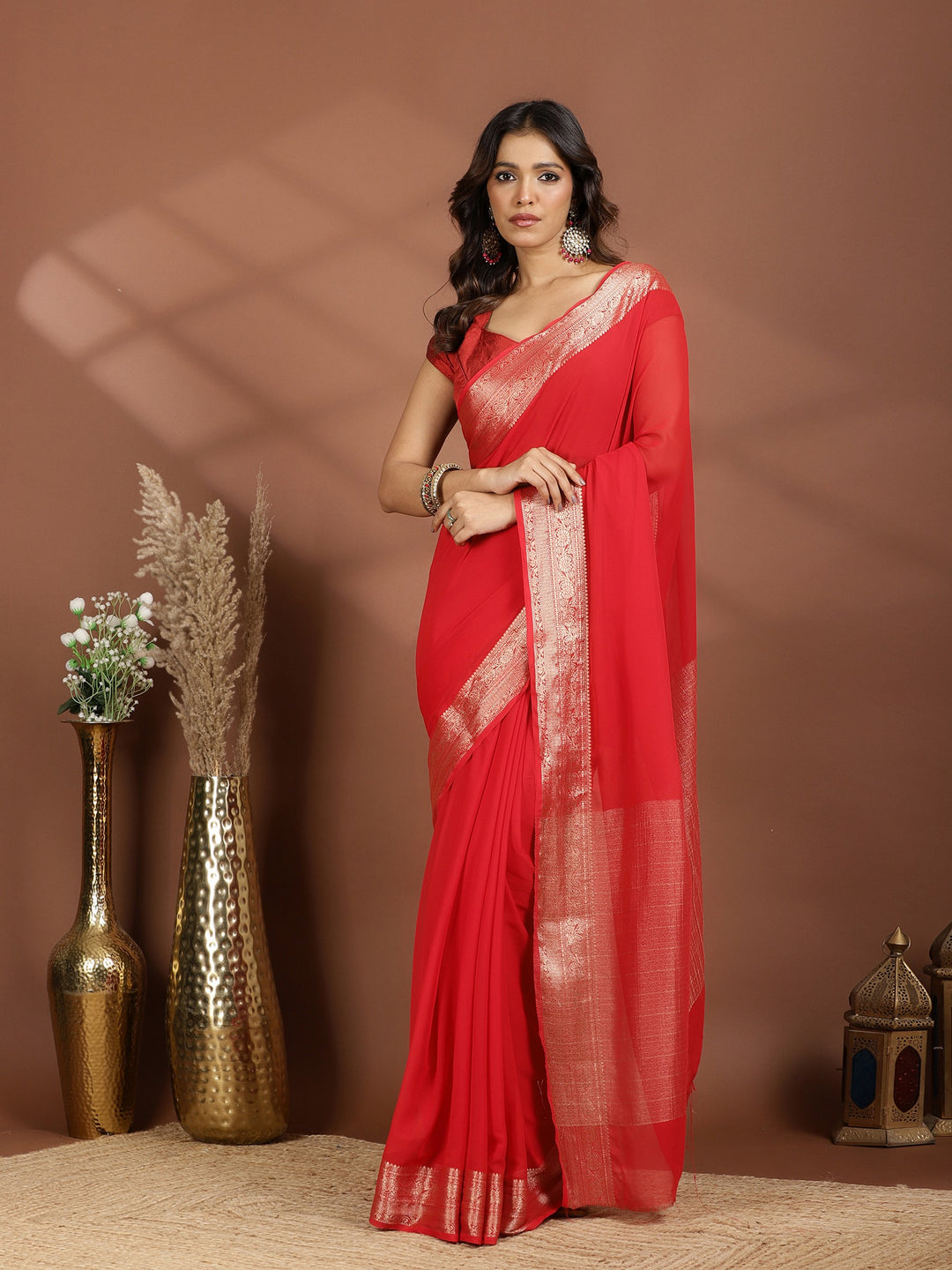 Red Zari Work Chiffon Saree