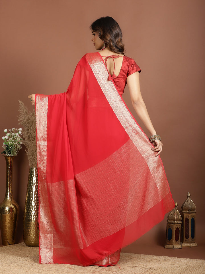 Red Zari Work Chiffon Saree