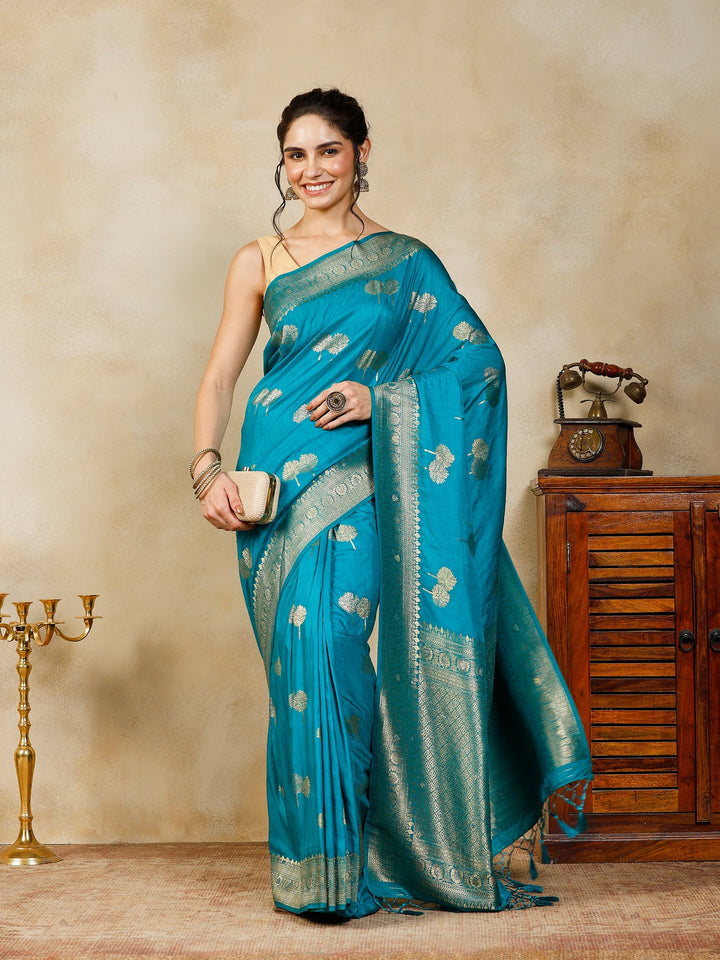 Lake Blue Woven Design Art Silk Saree