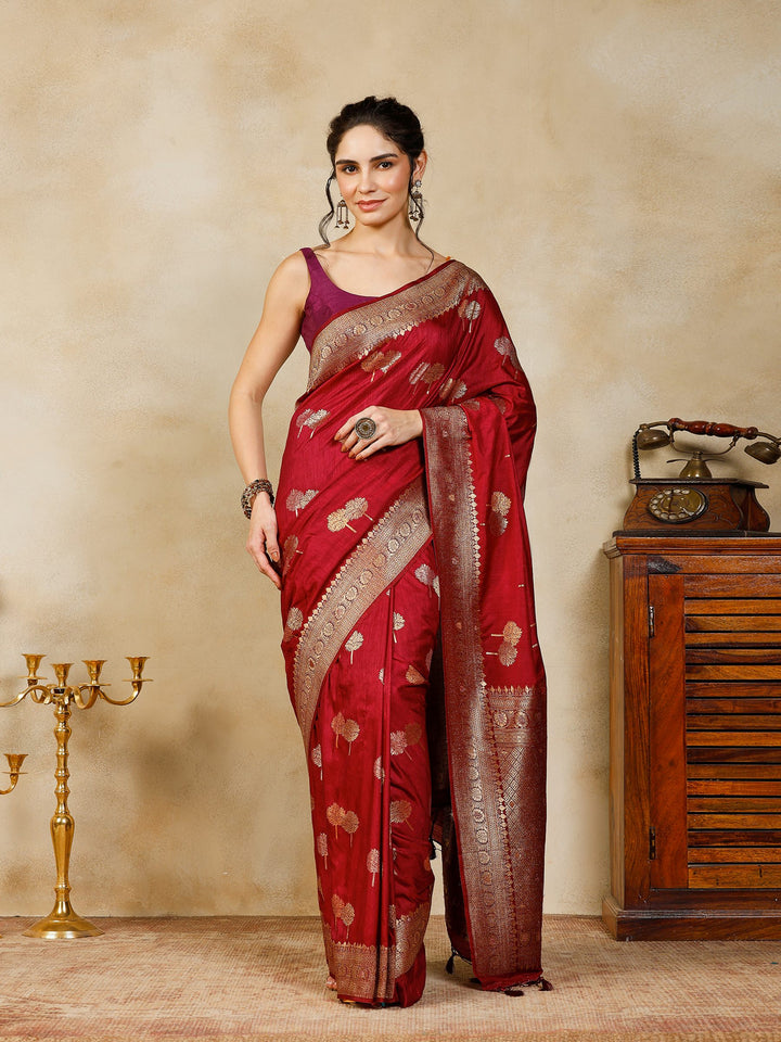 Magenta Woven Design Art Silk Saree