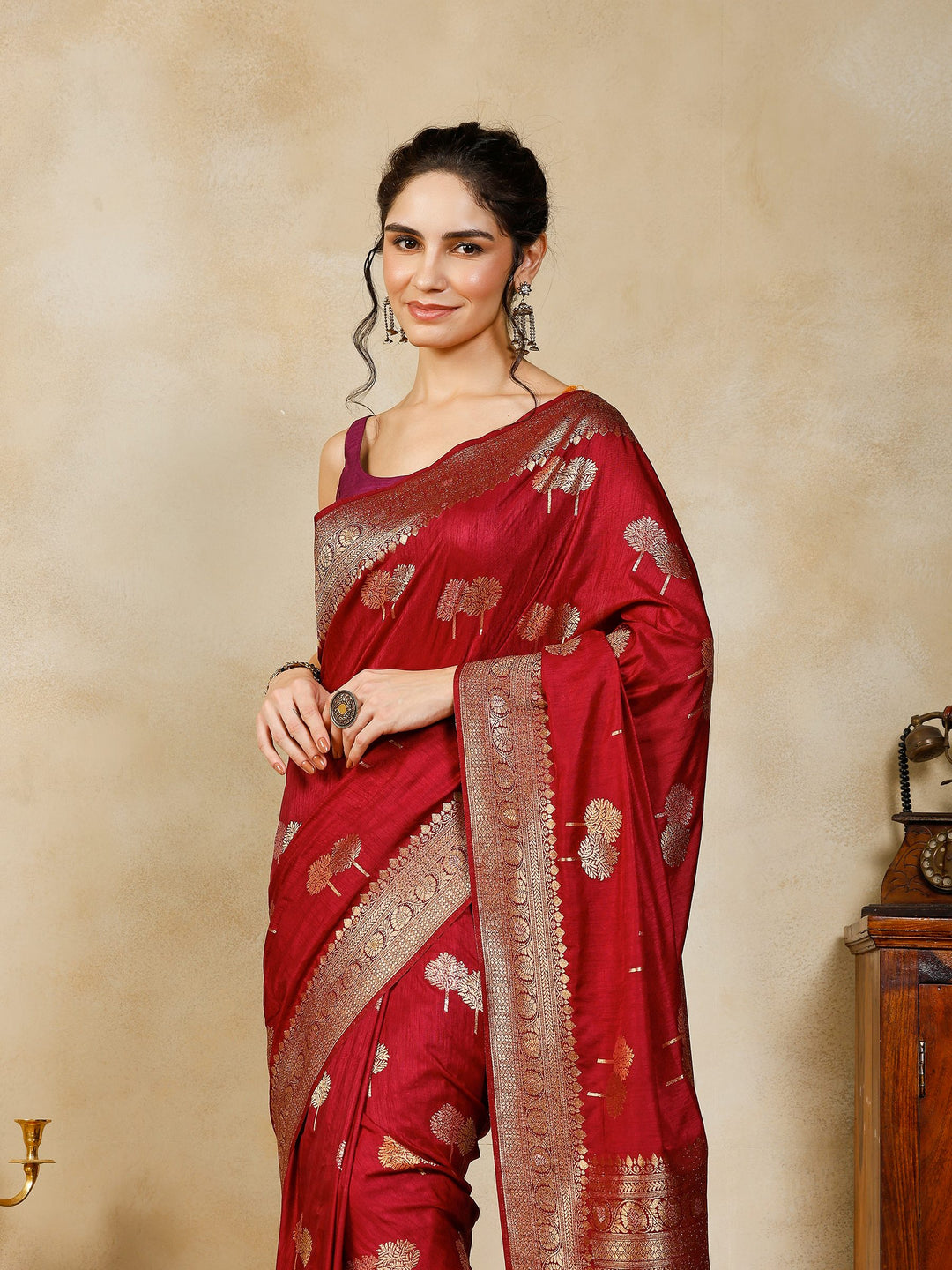 Magenta Woven Design Art Silk Saree