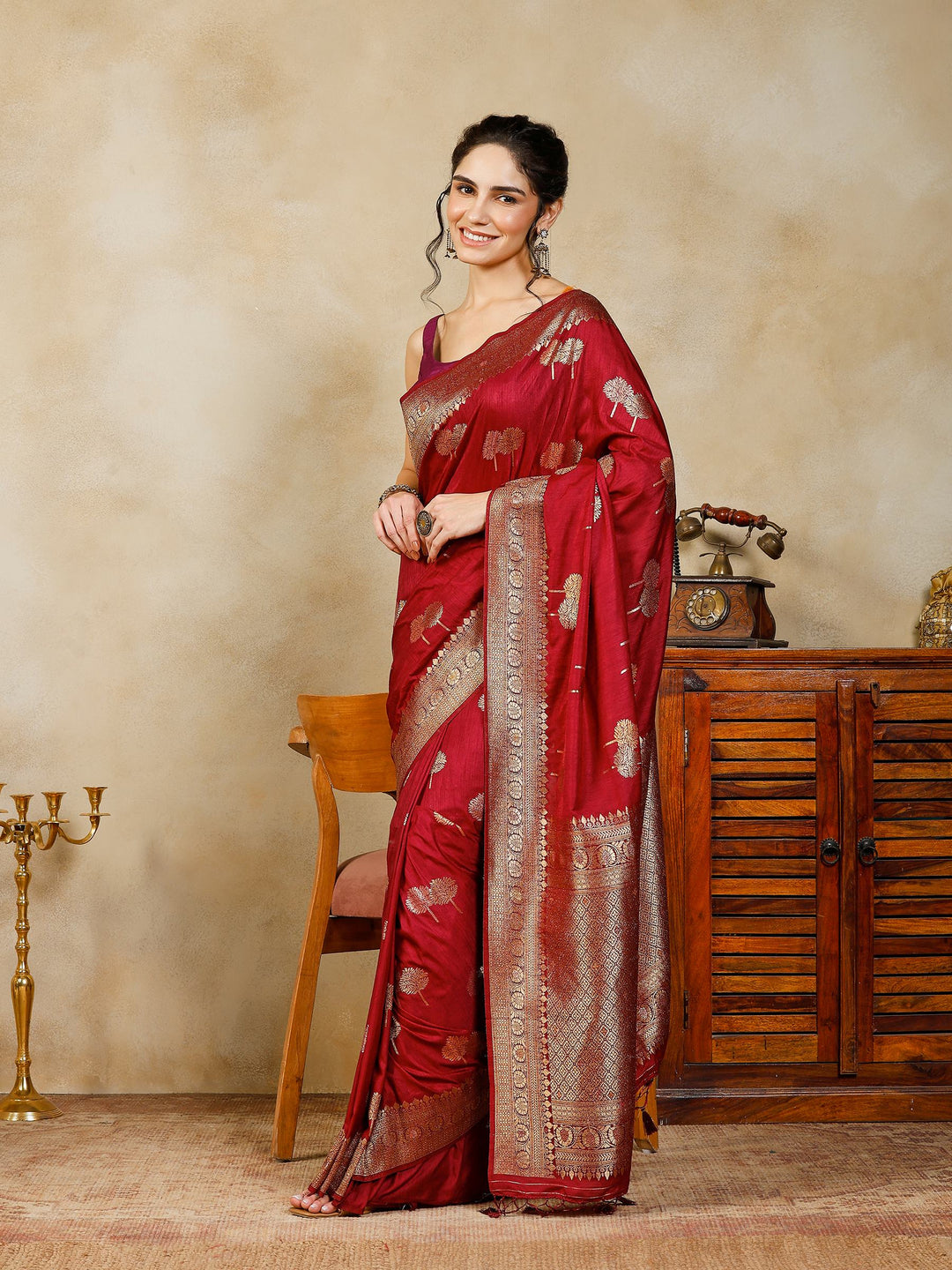 Magenta Woven Design Art Silk Saree