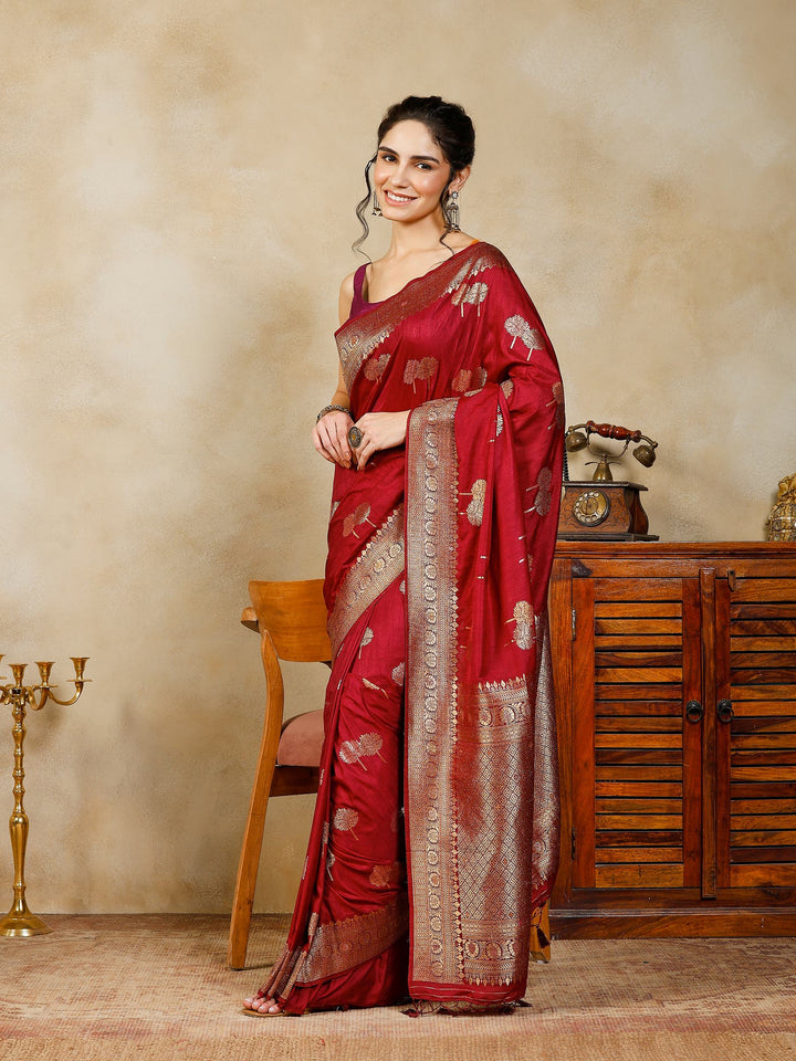 Magenta Woven Design Art Silk Saree