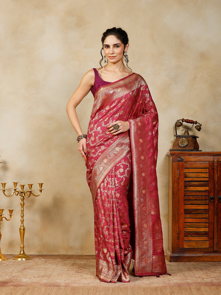 Magenta Woven Design Art Silk Saree