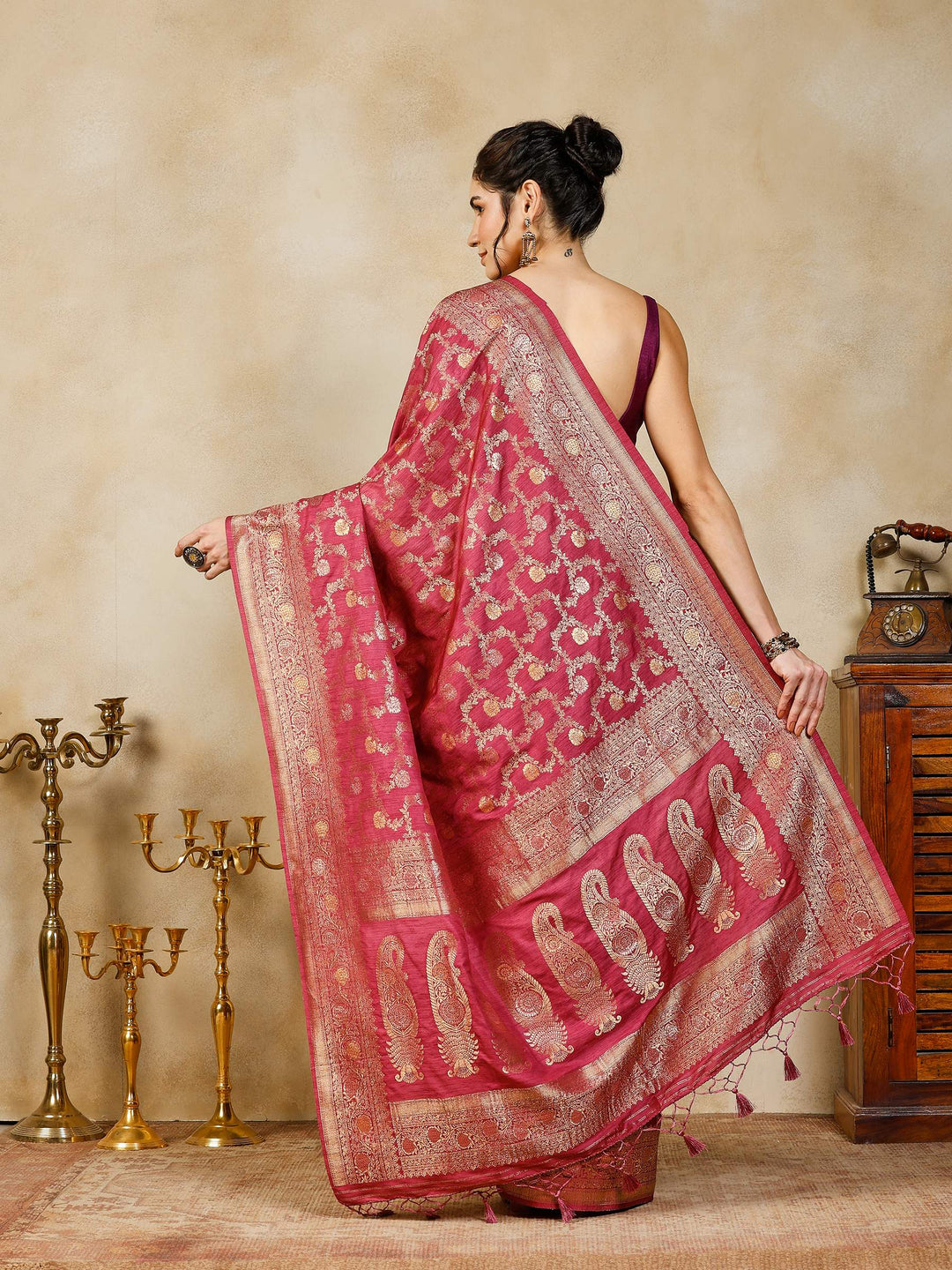 Magenta Woven Design Art Silk Saree