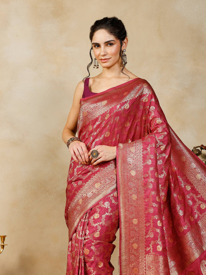 Magenta Woven Design Art Silk Saree