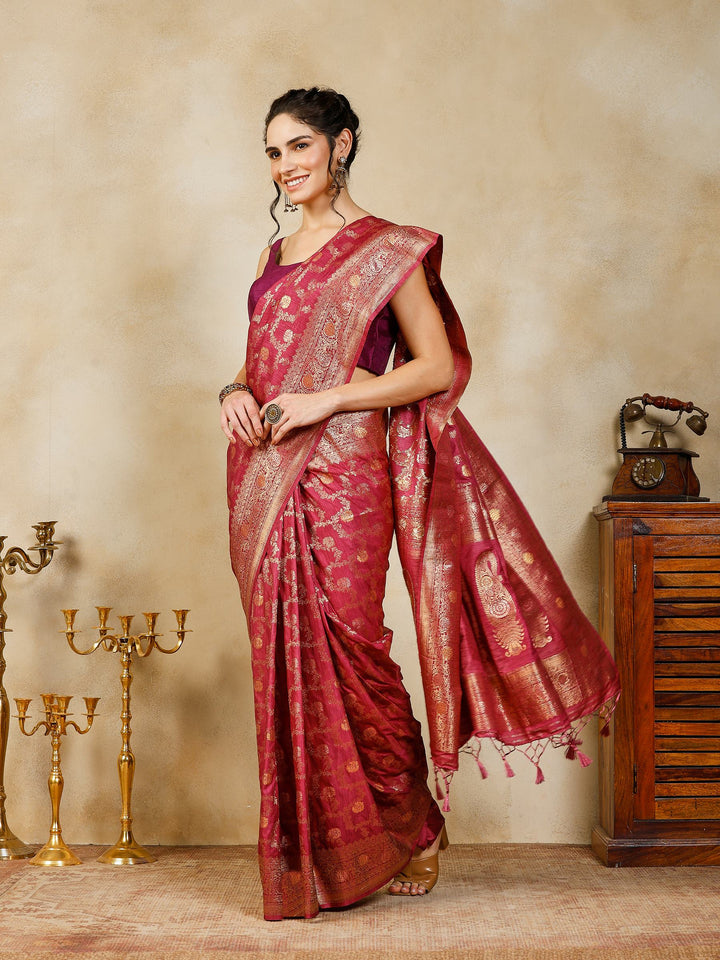 Magenta Woven Design Art Silk Saree