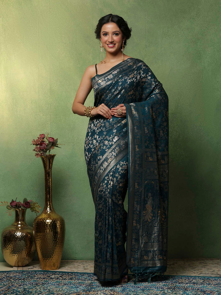 Teal Blue Woven Design Art Silk Saree