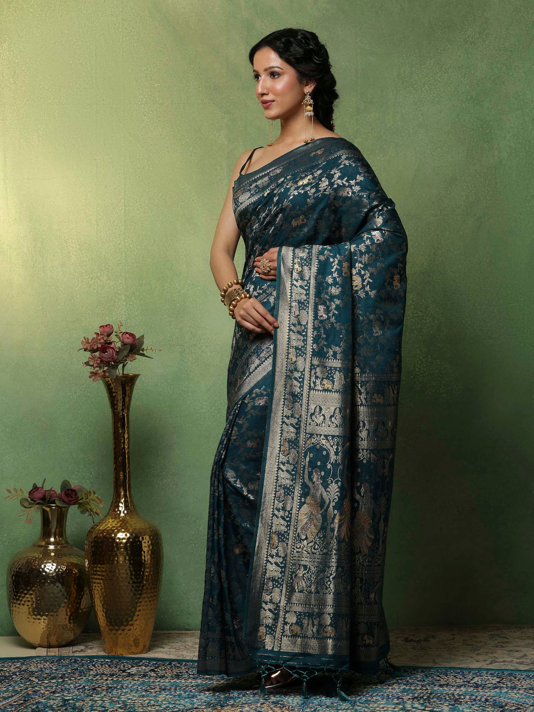 Teal Blue Woven Design Art Silk Saree