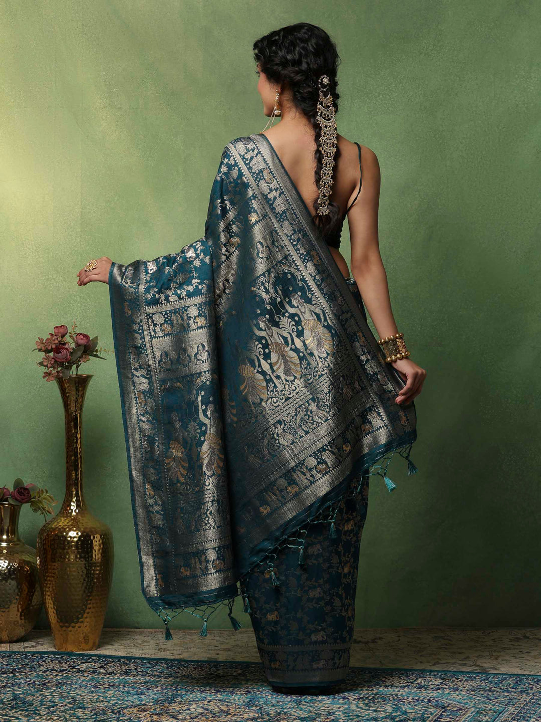 Teal Blue Woven Design Art Silk Saree
