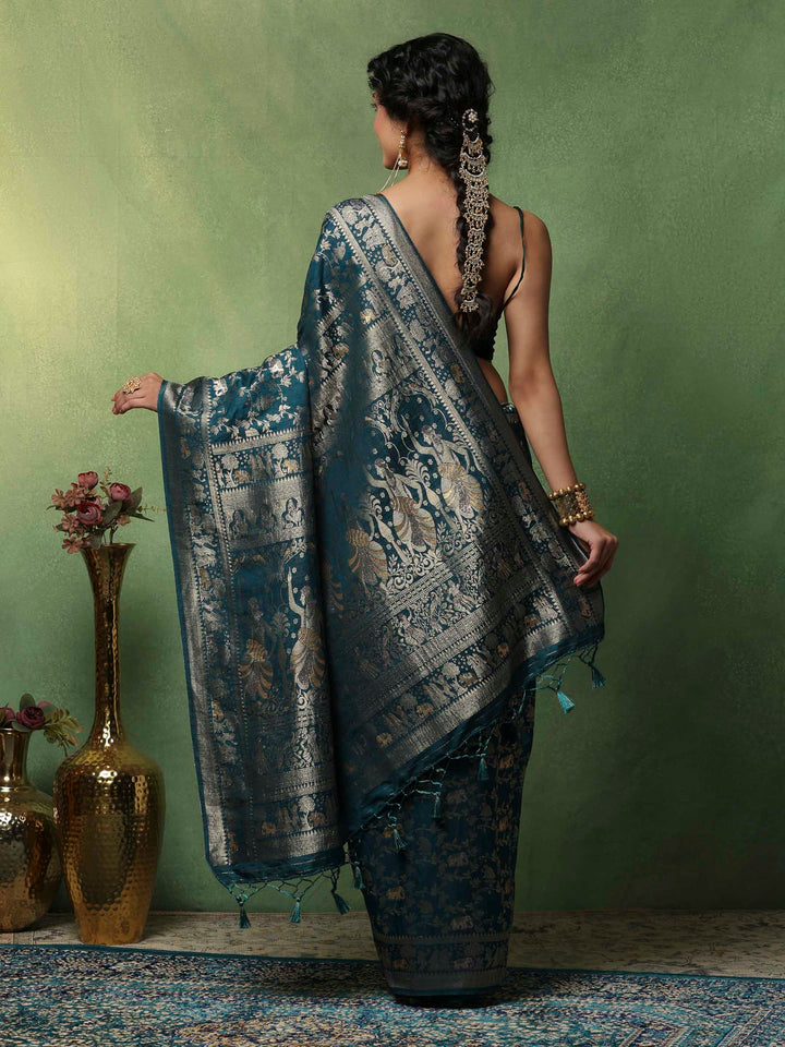 Teal Blue Woven Design Art Silk Saree