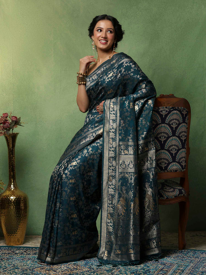 Teal Blue Woven Design Art Silk Saree