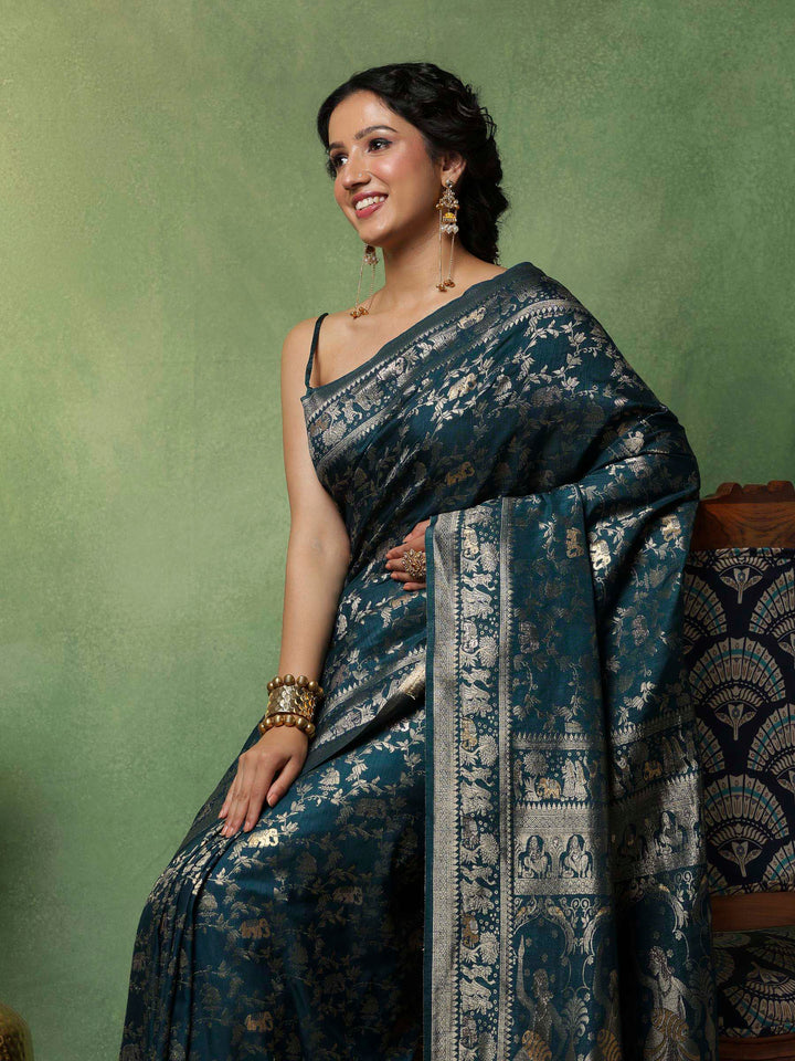 Teal Blue Woven Design Art Silk Saree
