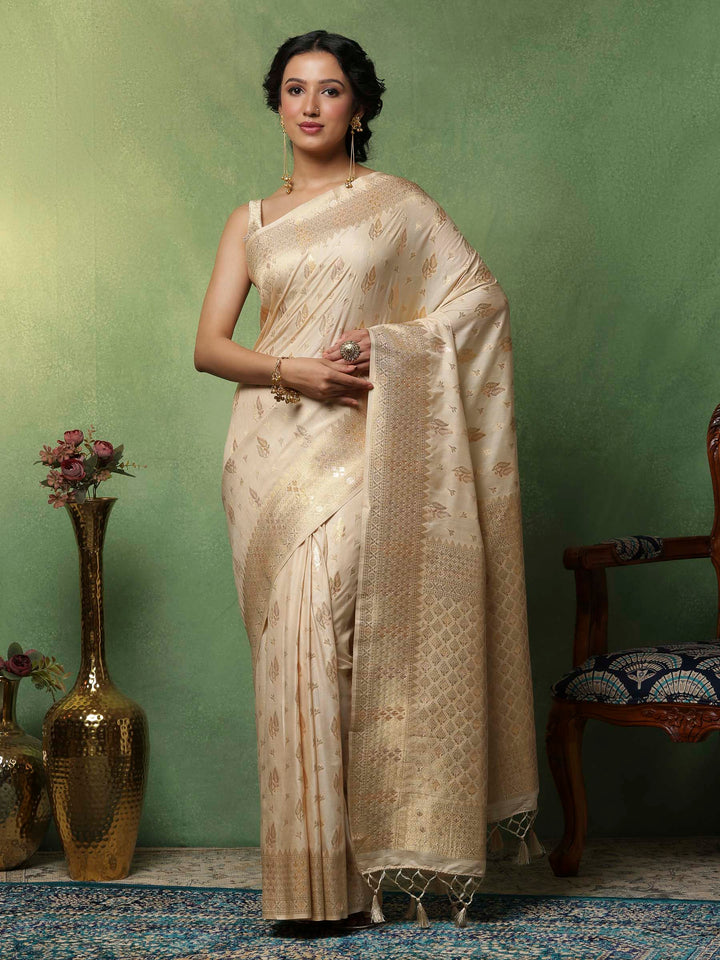 Beige Woven Design Art Silk Saree