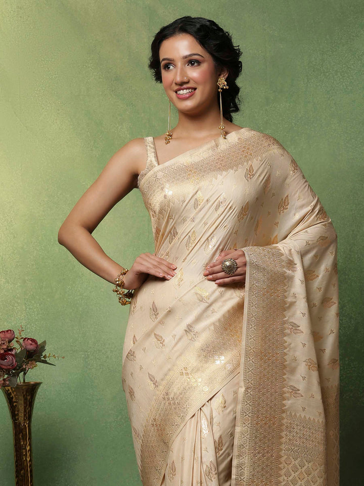 Beige Woven Design Art Silk Saree
