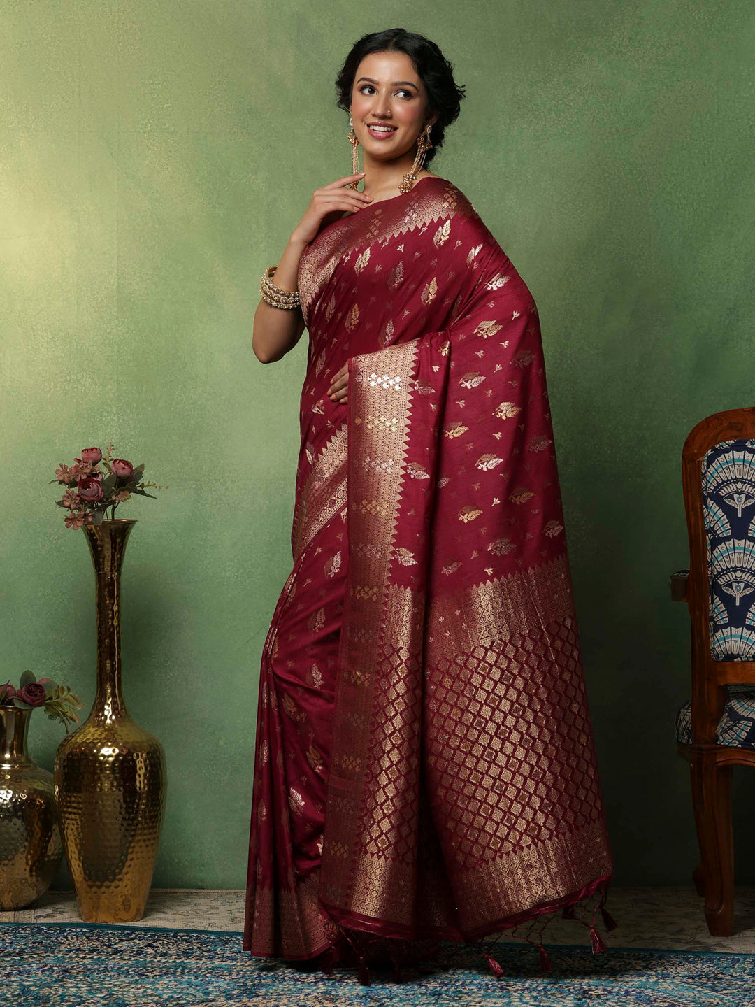 Wine Woven Design Art Silk Saree