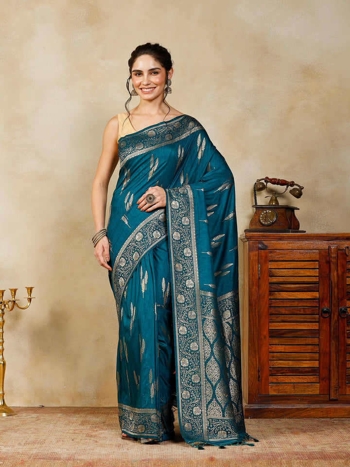 Teal Blue Woven Design Art Silk Saree