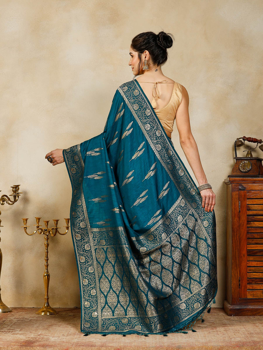 Teal Blue Woven Design Art Silk Saree