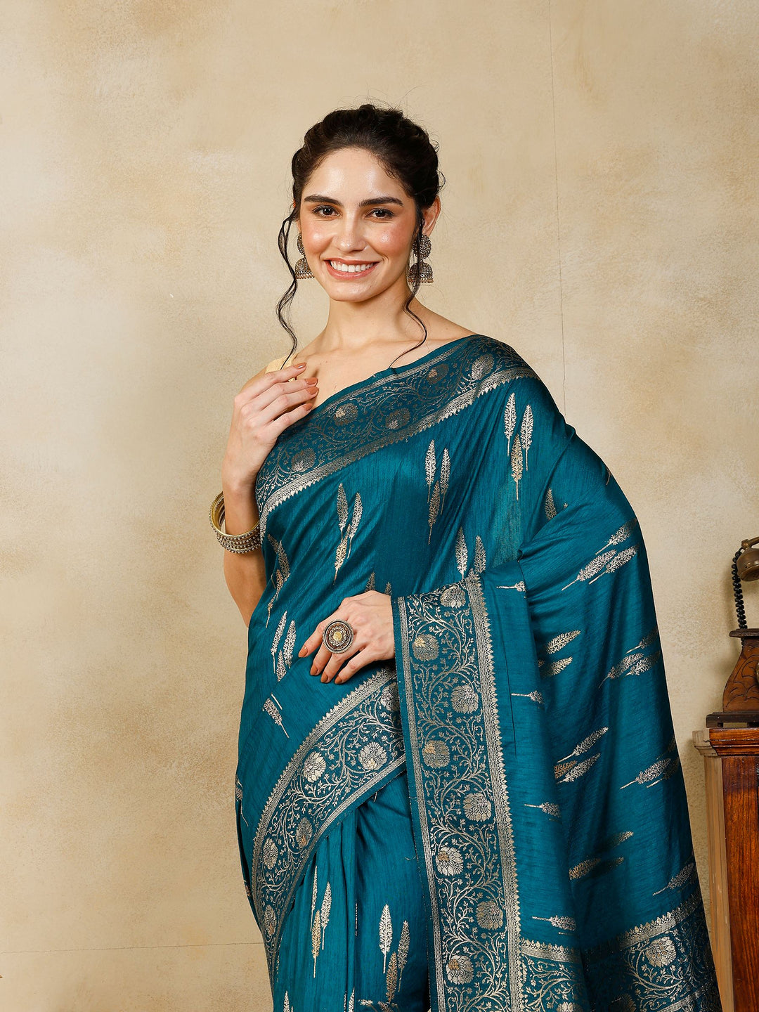 Teal Blue Woven Design Art Silk Saree