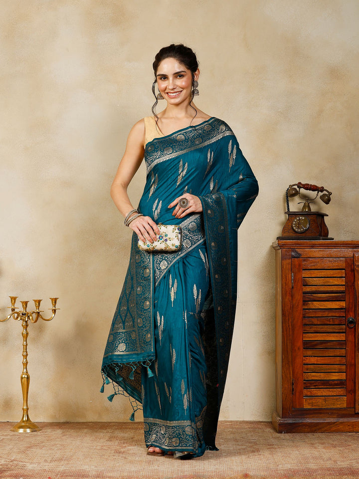 Teal Blue Woven Design Art Silk Saree
