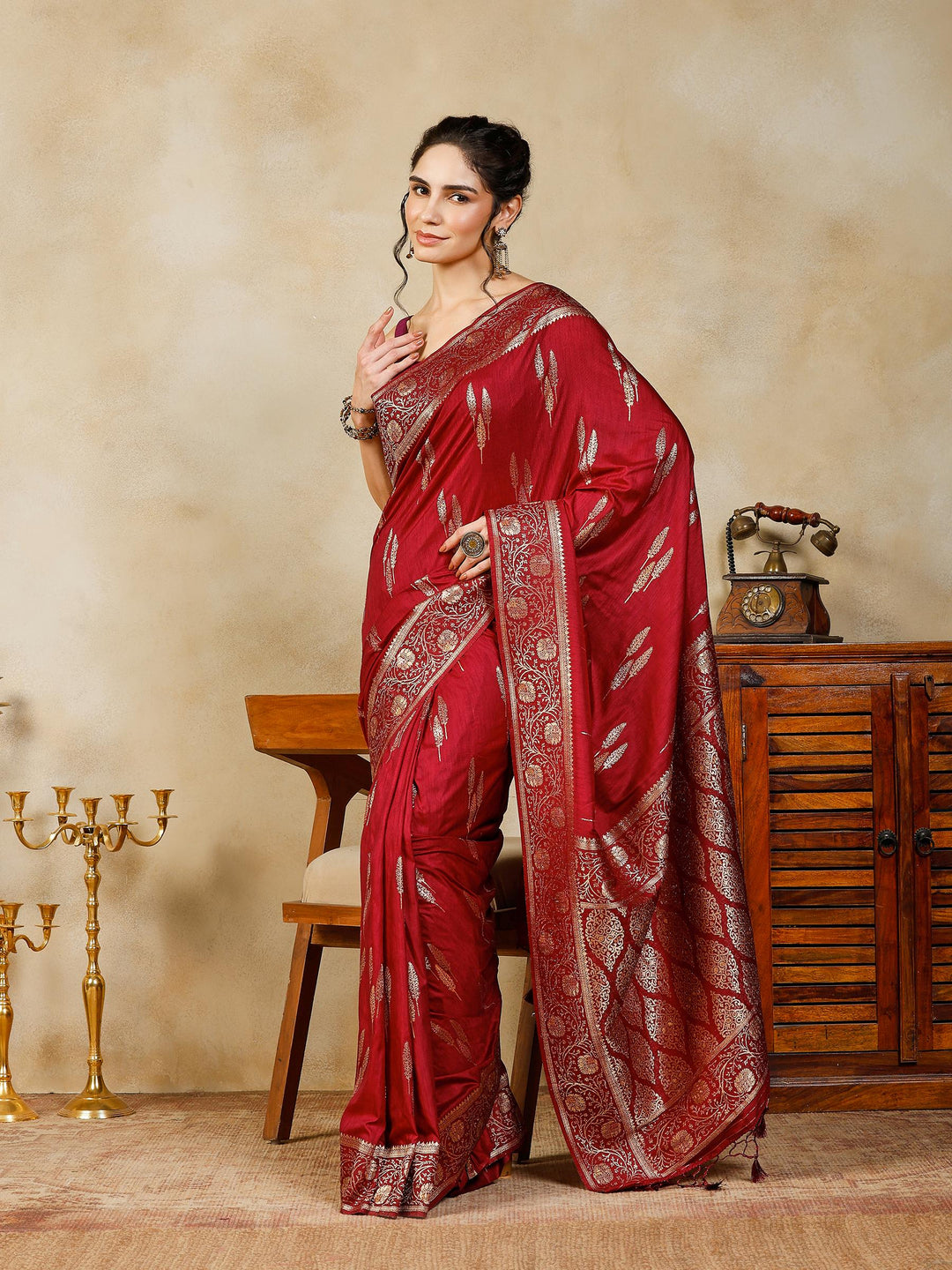 Wine Woven Design Art Silk Saree