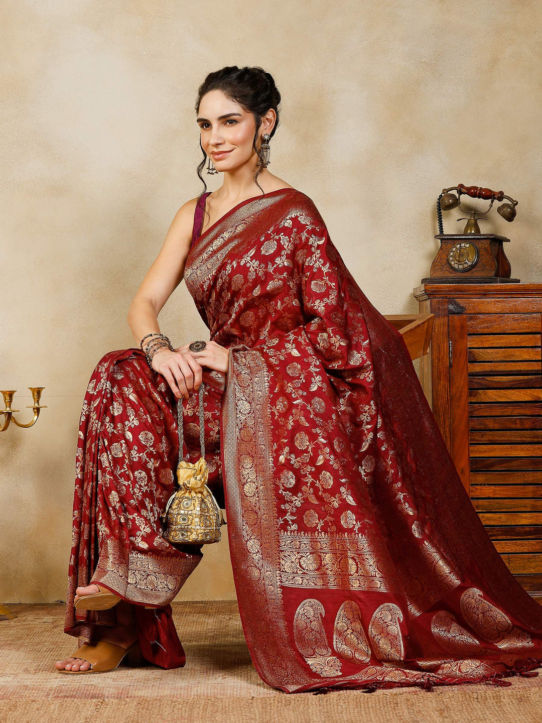 Wine Woven Design Art Silk Saree