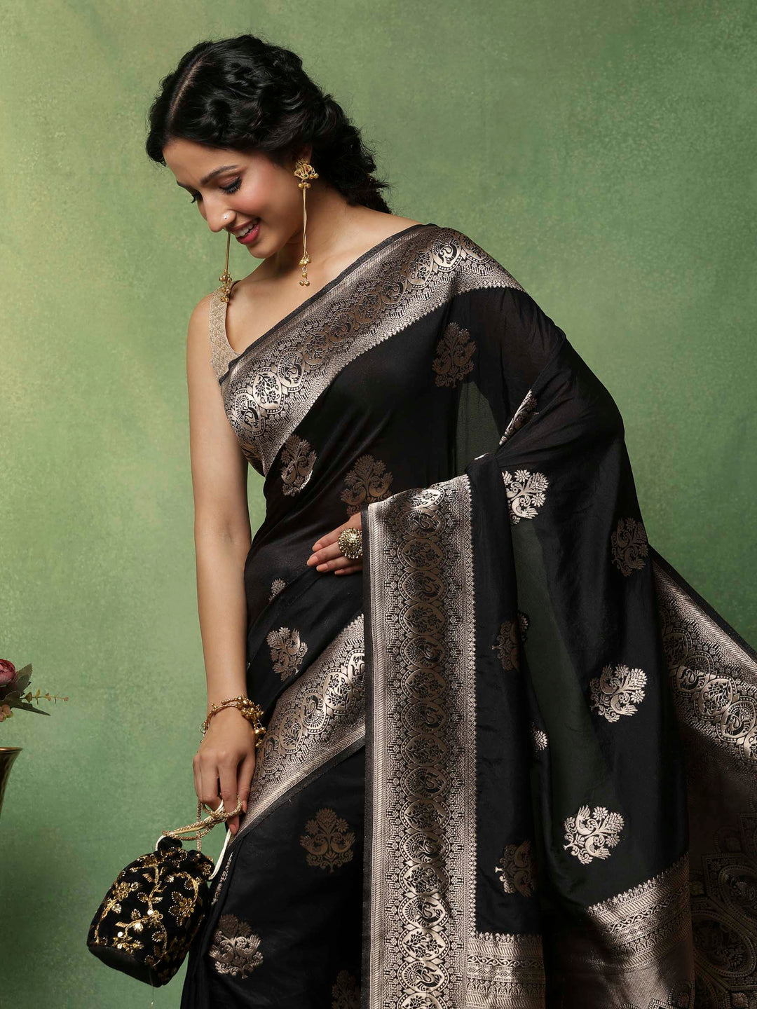 Black Woven Design Art Silk Saree