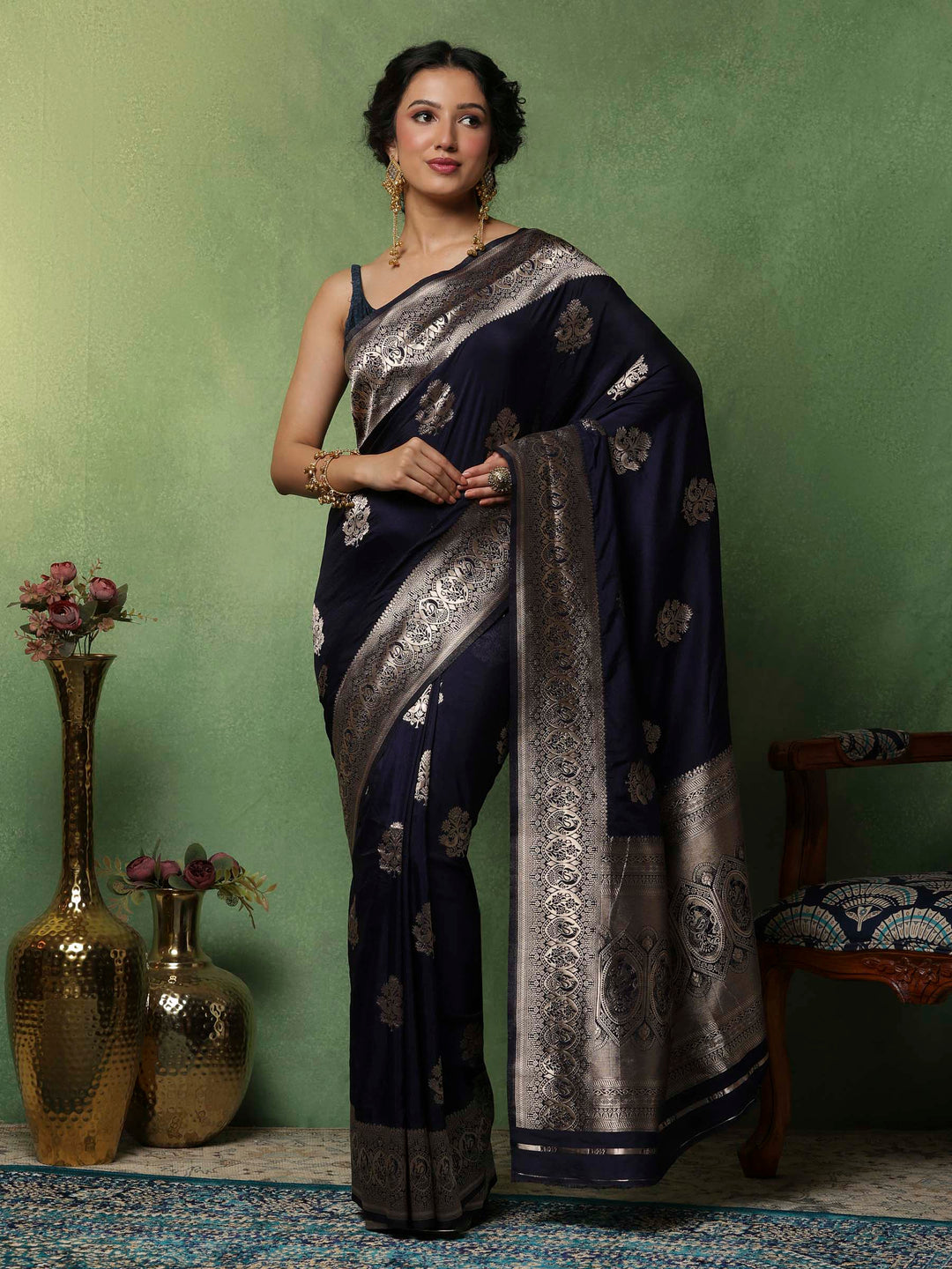 Navy Blue Woven Design Art Silk Saree