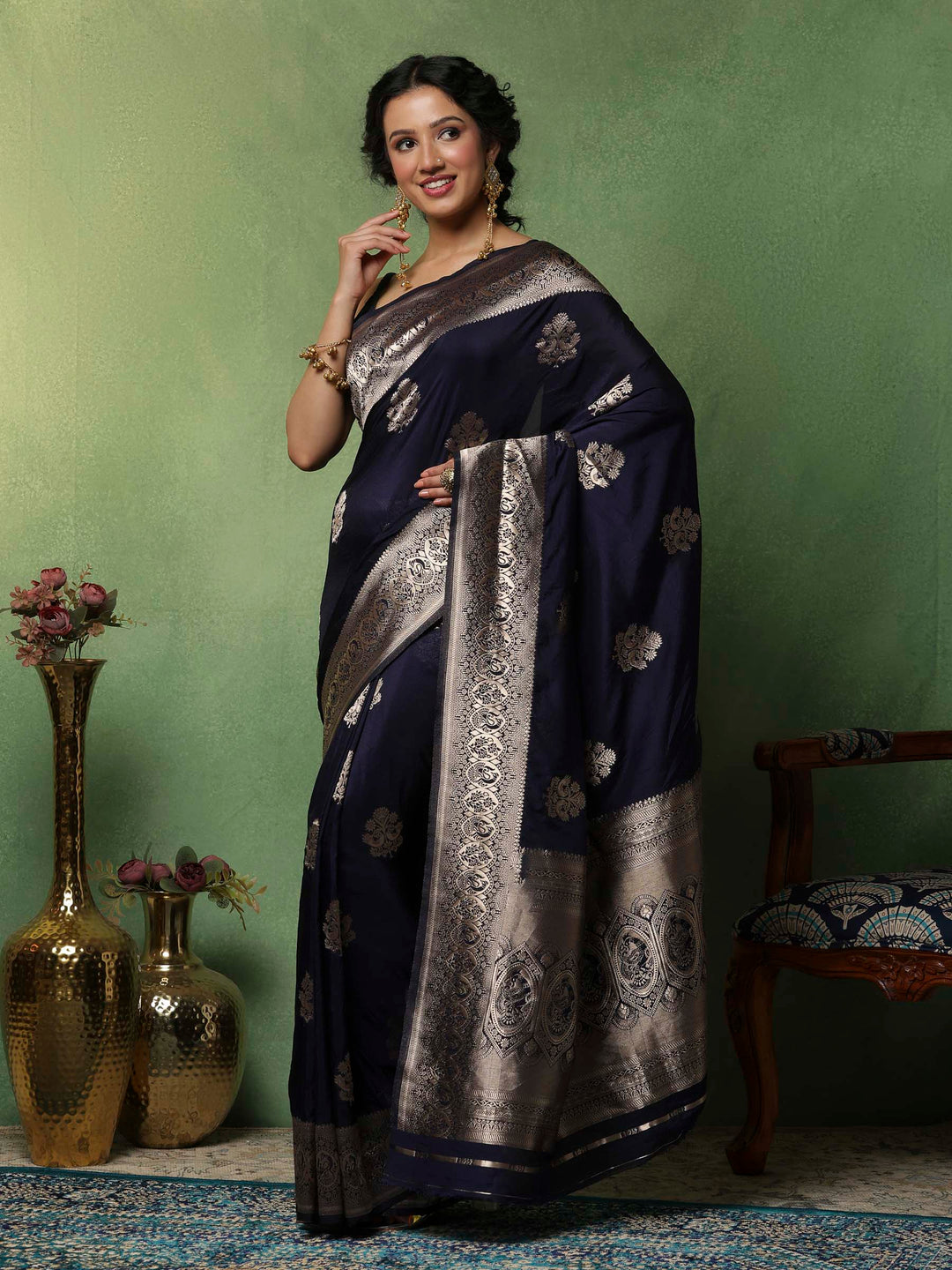 Navy Blue Woven Design Art Silk Saree