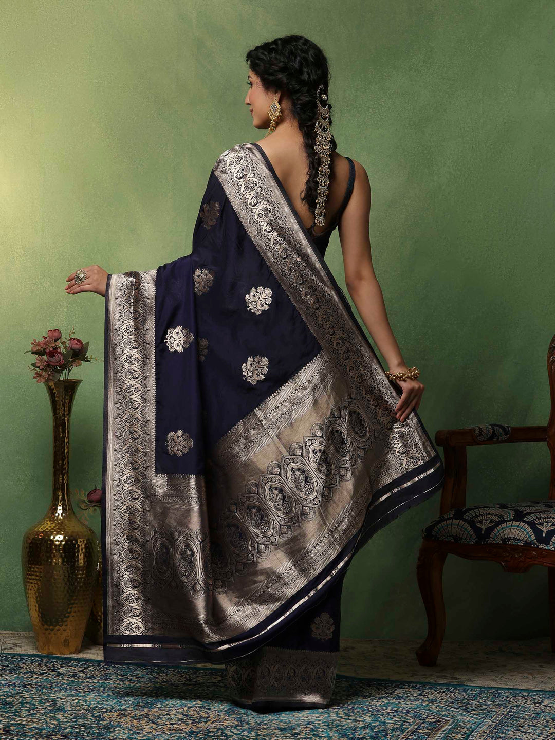 Navy Blue Woven Design Art Silk Saree