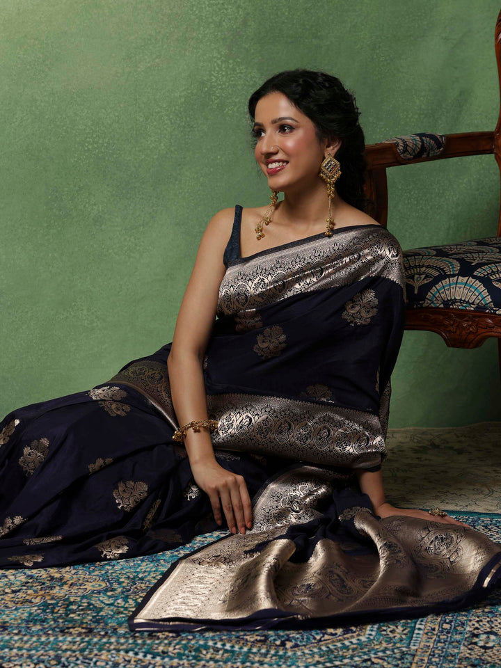 Navy Blue Woven Design Art Silk Saree