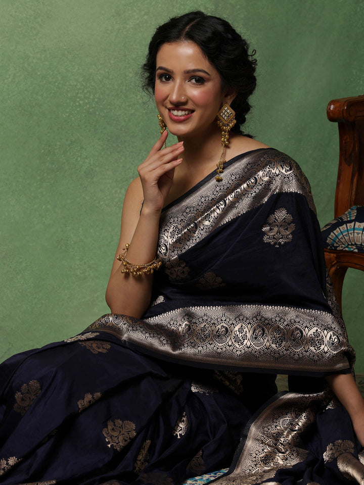 Navy Blue Woven Design Art Silk Saree