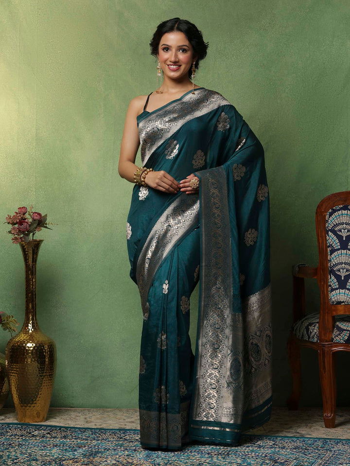 Teal Blue Woven Design Art Silk Saree