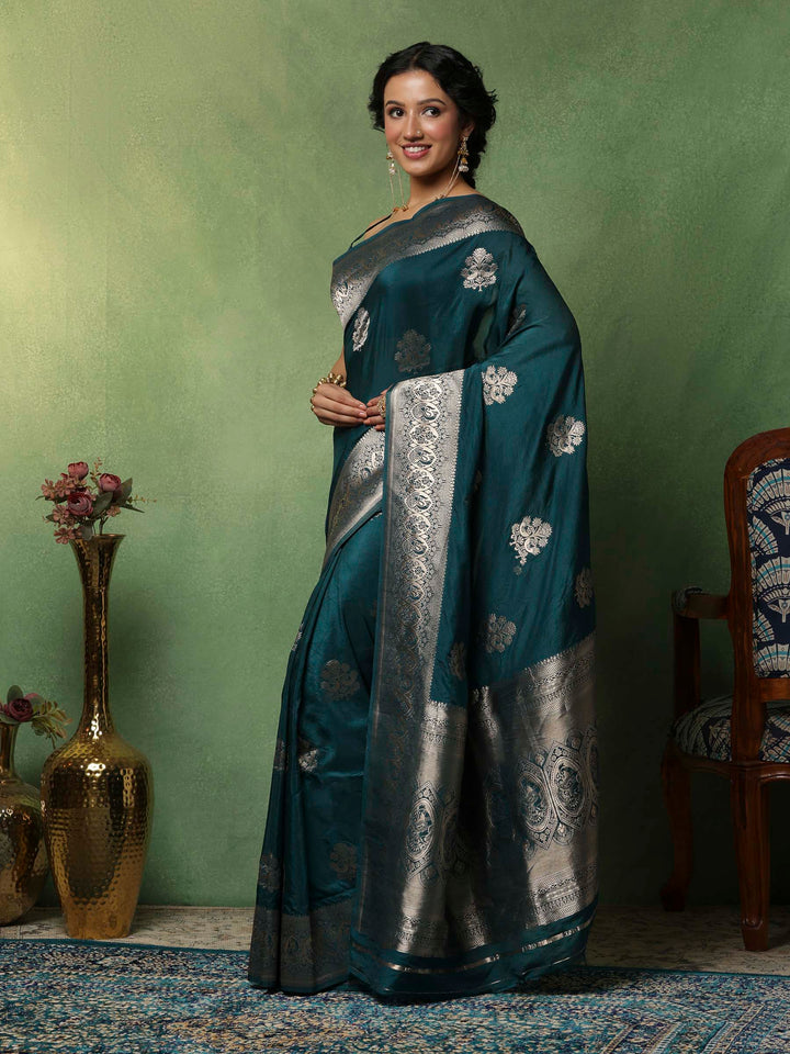 Teal Blue Woven Design Art Silk Saree