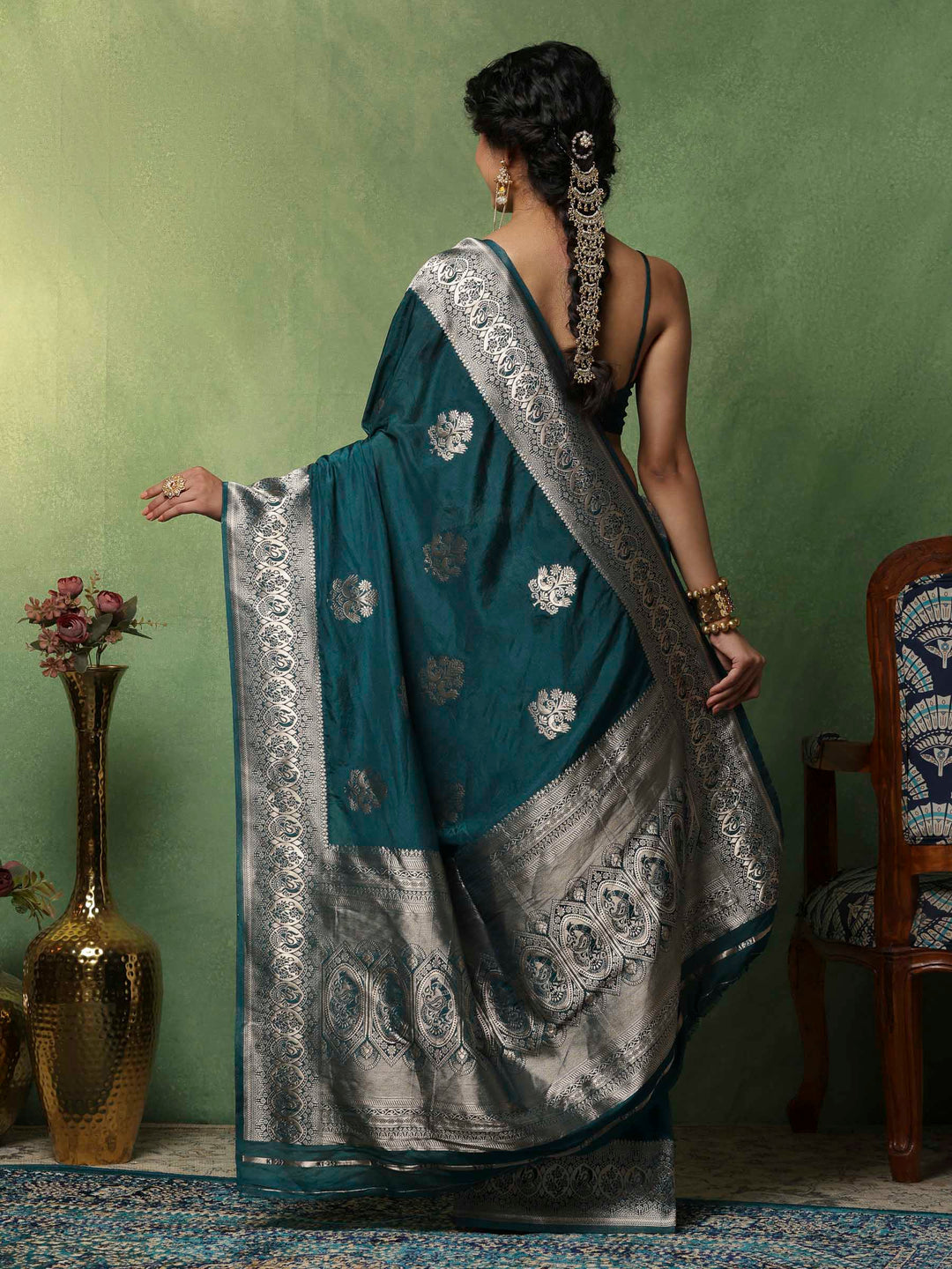 Teal Blue Woven Design Art Silk Saree