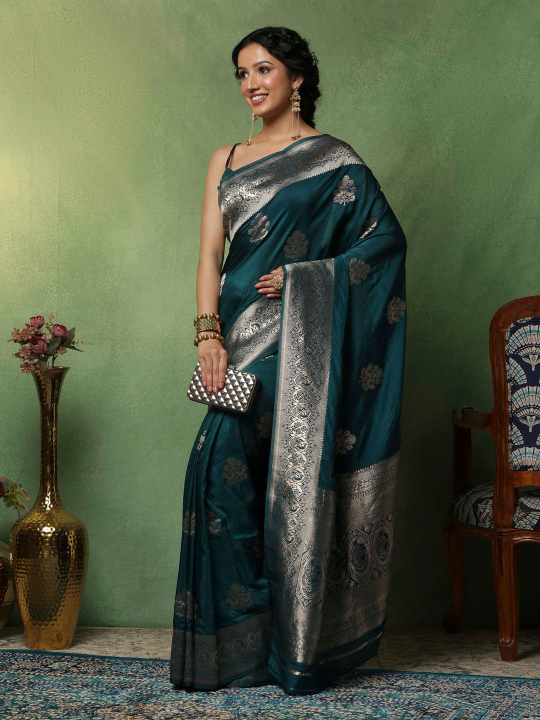 Teal Blue Woven Design Art Silk Saree