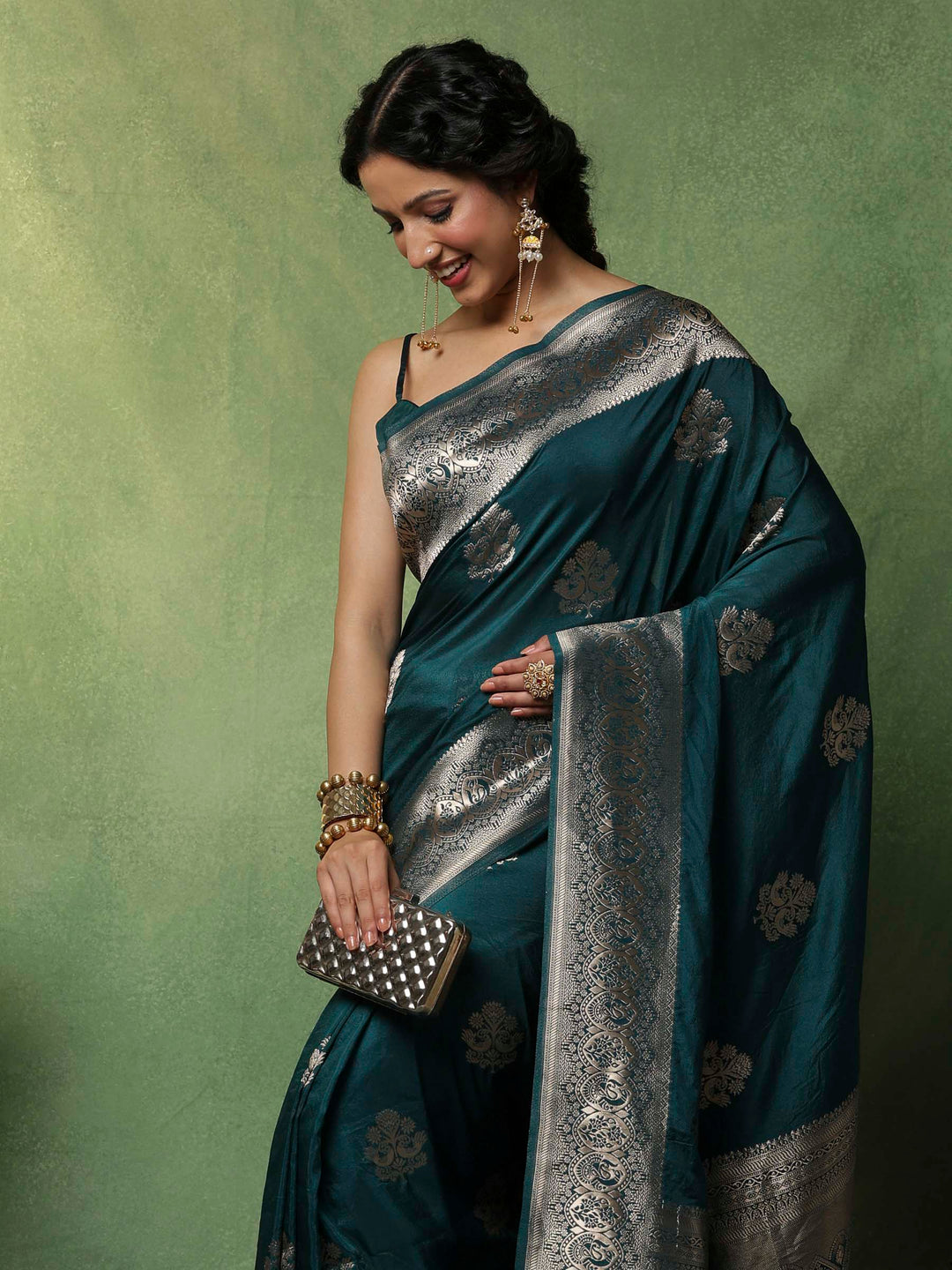 Teal Blue Woven Design Art Silk Saree