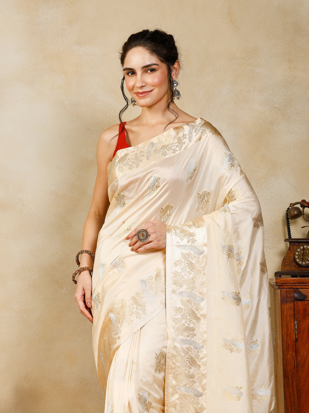 Cream Woven Design Art Silk Saree