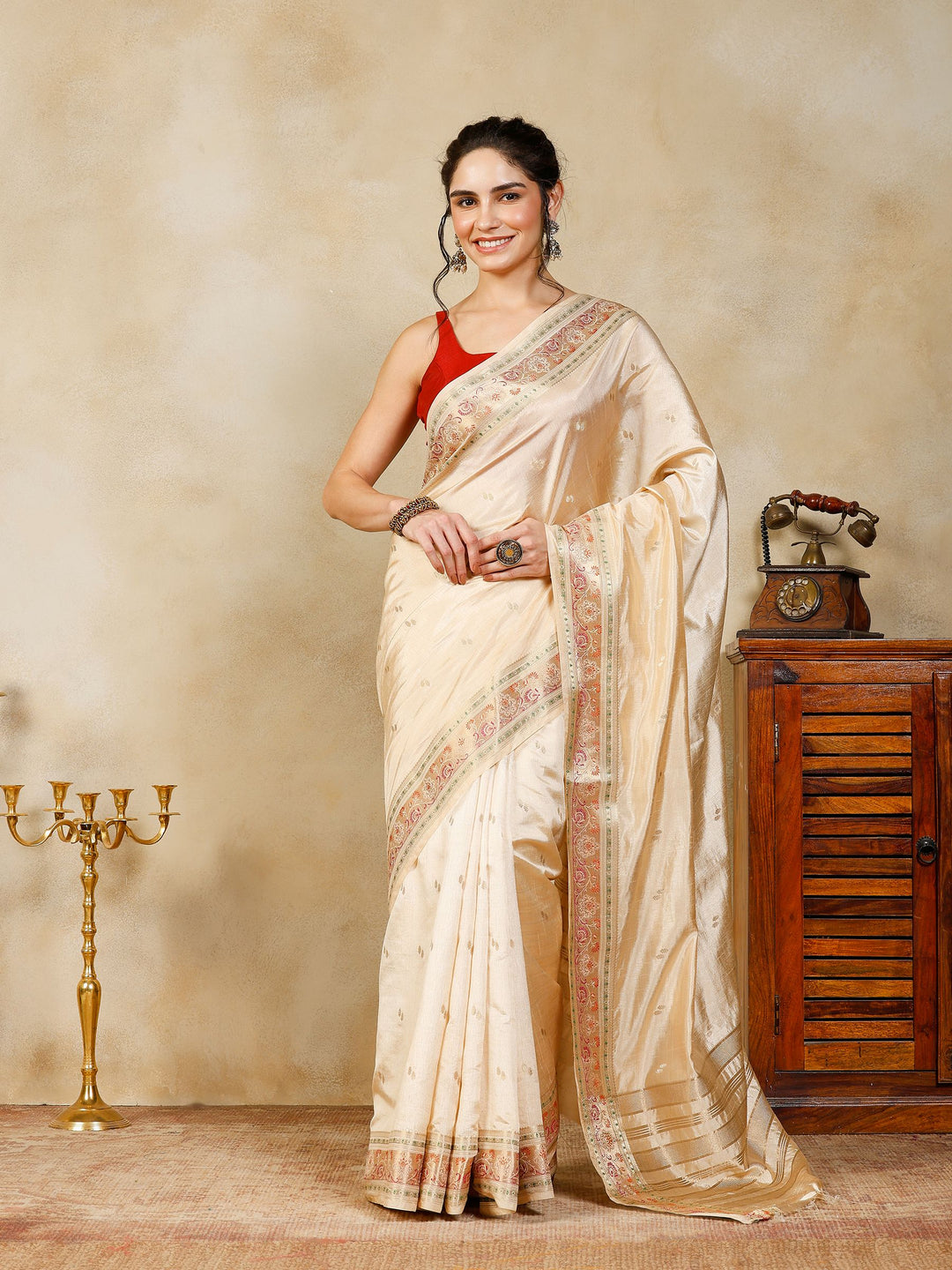 Beige Woven Design Art Silk Saree