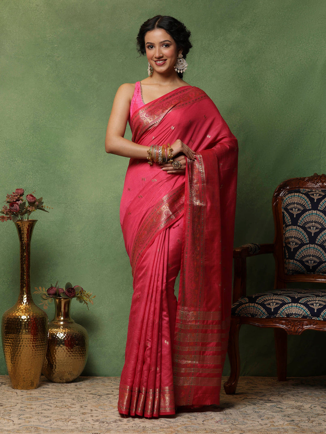 Hot Pink Woven Design Art Silk Saree