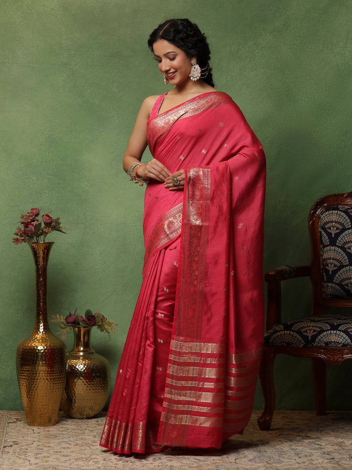 Hot Pink Woven Design Art Silk Saree