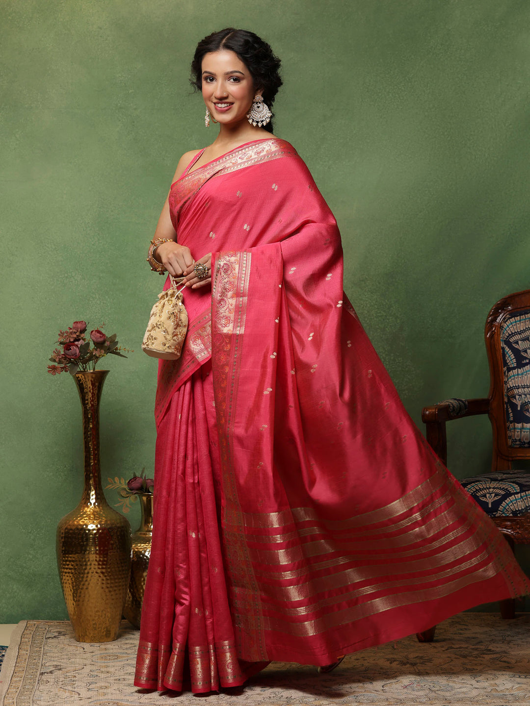 Hot Pink Woven Design Art Silk Saree