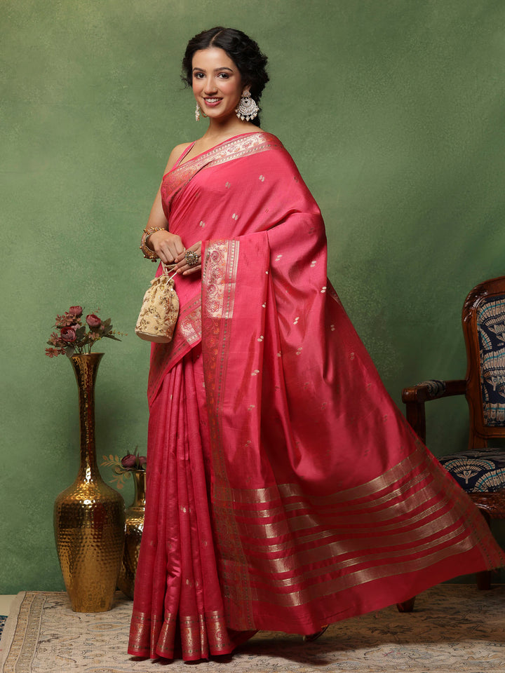 Hot Pink Woven Design Art Silk Saree